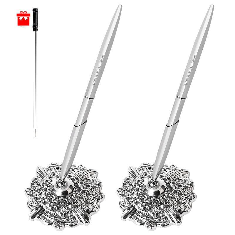 RUTICH Hollow Round Pen Holder Signing Pen Set for Wedding Bridal Engagement Valentine's Day Favors,Silver 2 Pcsâ€¦ - Image 1